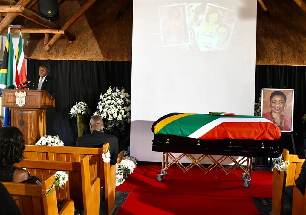 President Cyril Ramaphosa delivered a eulogy at the special funeral of Deputy Minister in the Presidency, Hlengiwe Mkhize. (Photo: Twitter, PresdencyZA)