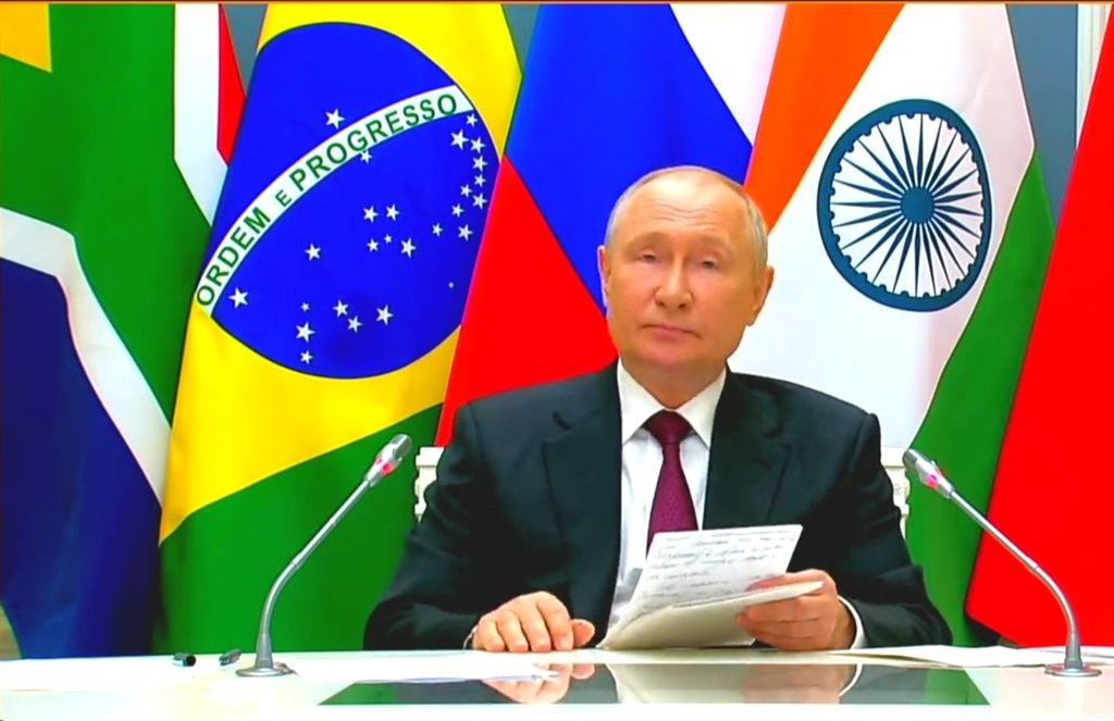 Russian President Vladimir Putin addressed the BRICS Summit via video link. Photo by Mfundekelwa Mkhulisi.