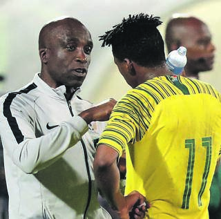 Coach David Notoane gives instructions to Bafana forward Luther Singh Picture: Samuel Shivambu / BackpagePix