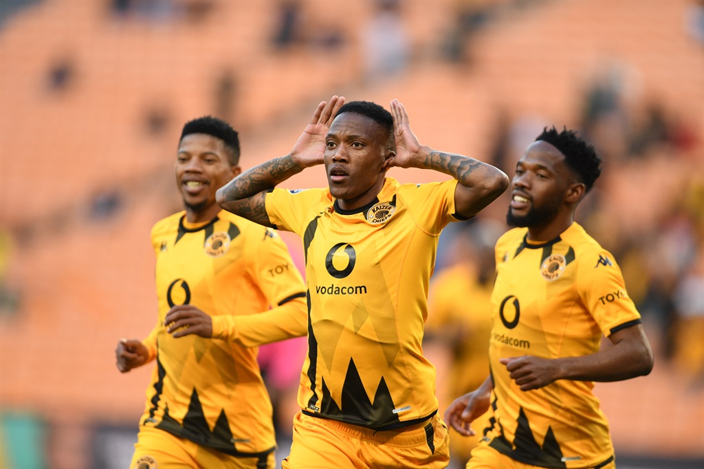 Pule Mmodi of Kaizer Chiefs celebrates scoring a goal and during the DStv Premiership match between Kaizer Chiefs and AmaZulu FC at FNB Stadium on August 26, 2023 in Johannesburg, South Africa.