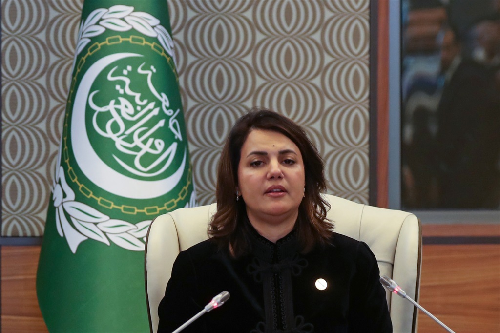 Libyan Foreign Affairs Minister Najla Mangoush holds a press conference at the end of the Arab foreign ministers meeting in the capital Tripoli, on 22 January 2023.