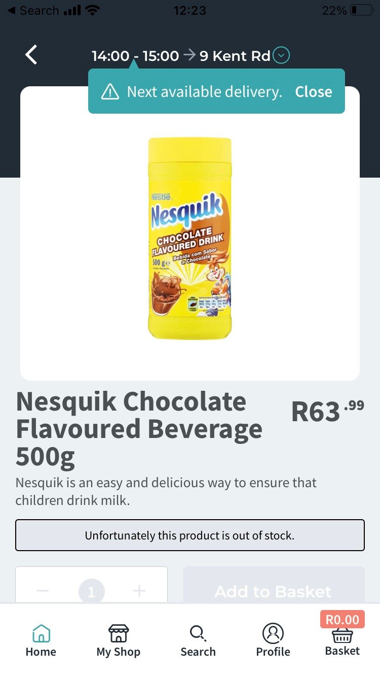 Checkers Sixty60 order Nesquick not available.