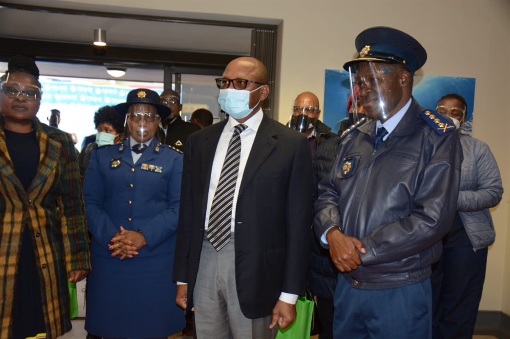 National Commissioner General Kehla Sithole, Deputy Minister of Police Cassel Mathale and Ms Neo Khauoe at the official opening of Polmed/SAPS quarantine and isolation facility. Photo: Raymond Morare