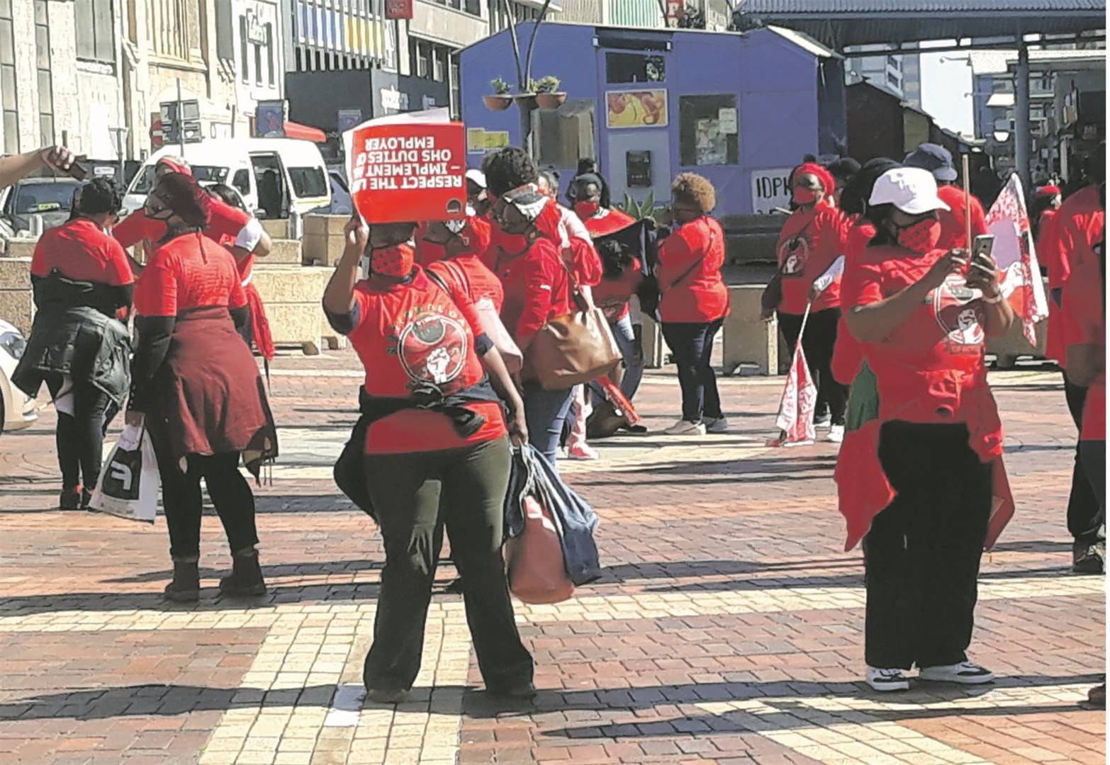 Union members gathered at Vuyisile Mini Square in Nelson Mandela Bay over salaries and lack of PPE.  Photo by Luvuyo Mehlwana