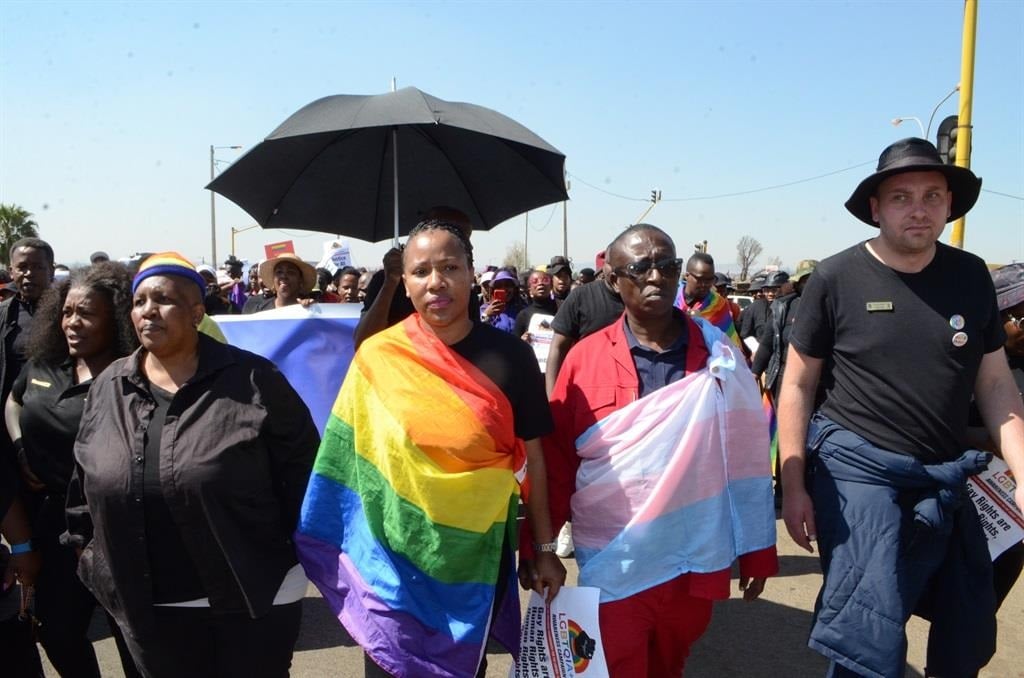 Ekurhuleni Municipality Speaker Nthabiseng Tshivhenga (third from right) was among the people who supported the Ekurhuleni LGBTQIA+ community march in Katlehong, Ekurhuleni. Photo by Happy Mnguni
