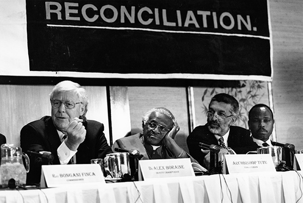 Dr. Alec Boraine, TRC deputy chairperson and Archbishop Desmond Tutu (Chairperson) at a TRC hearing. (Gallo Images/Business Day/Lori Waselchuk)