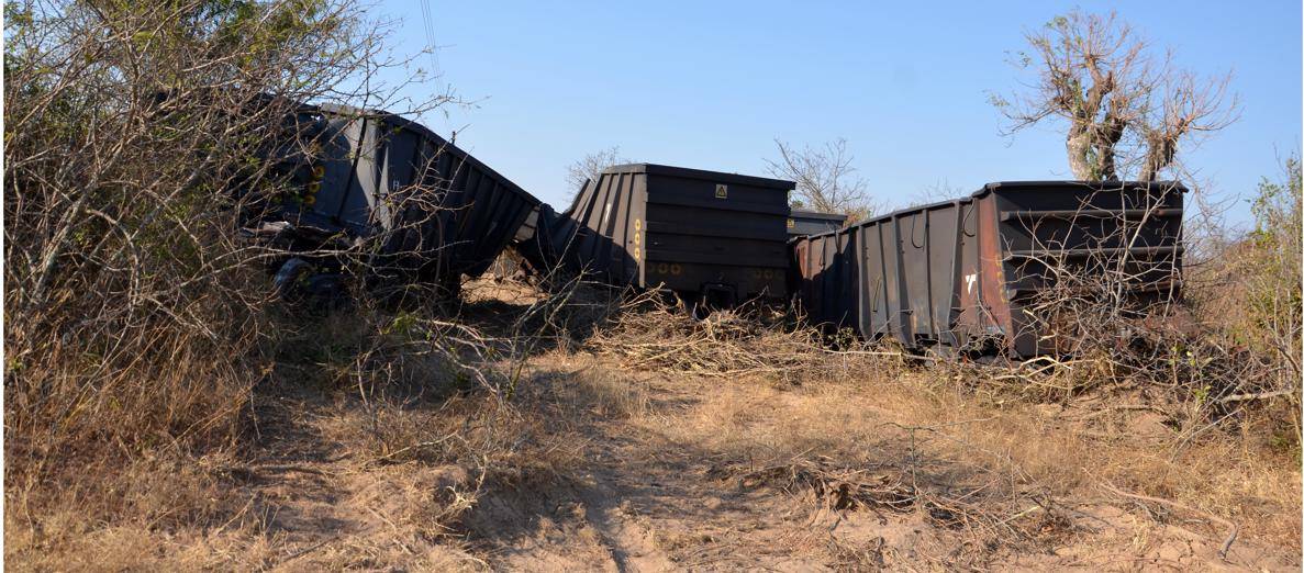 Magnetite spilled from these wagons after a train derailed on Sunday.      Photo by Oris Mnisi