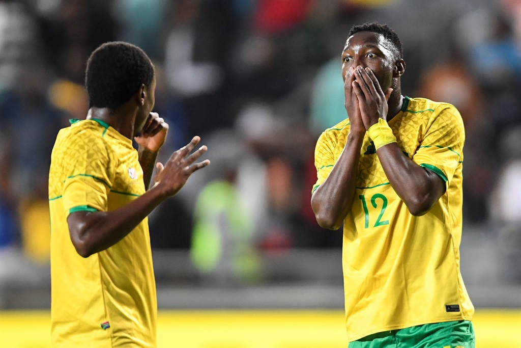 Percy Tau and Bongokuhle Hlongwane of South Africa during the 2023 Africa Cup of Nations qualifier match between South Africa and Liberia at Orlando Stadium on March 24, 2023 in Johannesburg, South Africa.