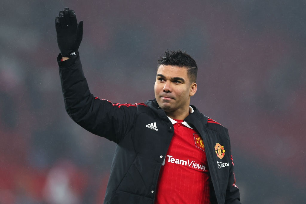 MANCHESTER, ENGLAND - JANUARY 28: Casemiro of Manchester United during the Emirates FA Cup Fourth Round match between Manchester United and Reading  at Old Trafford on January 28, 2023 in Manchester, England. (Photo by Robbie Jay Barratt - AMA/Getty Images)
