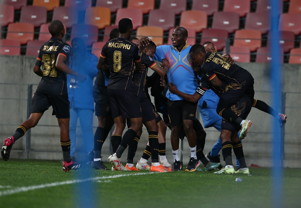 GQEBERHA, SOUTH AFRICA - AUGUST 30: Royal AM celebrate their third goal of the night during the DStv Premiership match between Chippa United and Royal AM at Nelson Mandela Bay Stadium on August 30, 2023 in Gqeberha, South Africa. (Photo by Richard Huggard/Gallo Images)