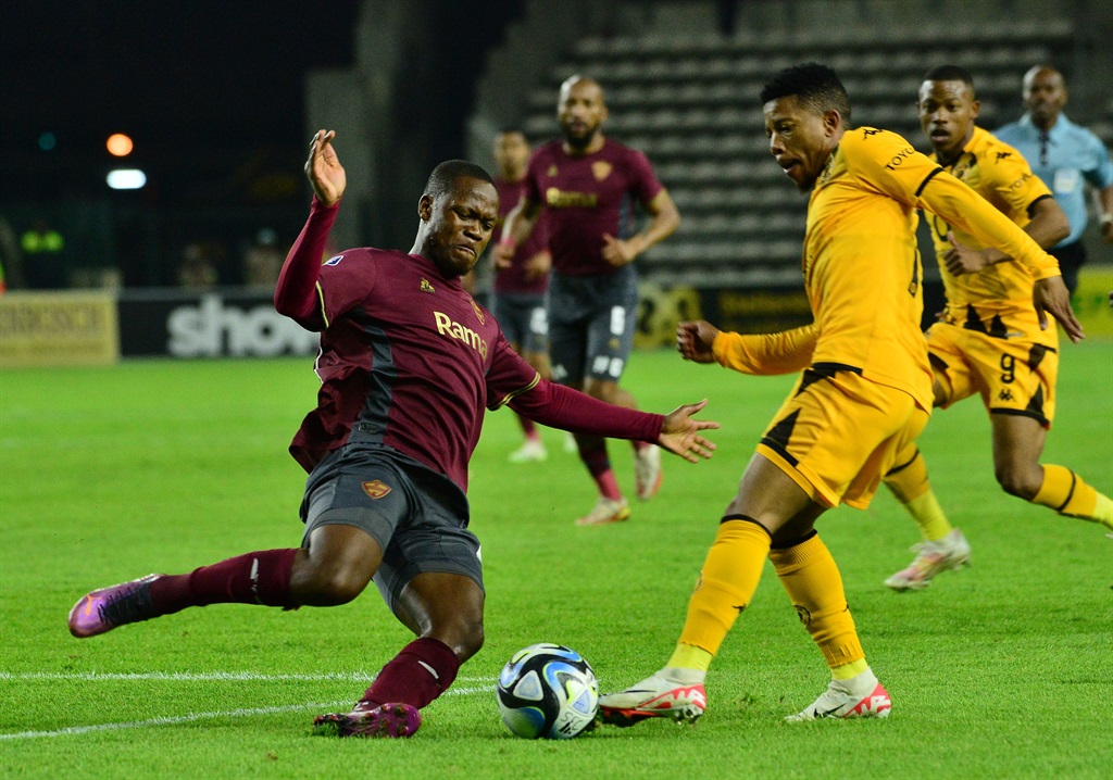 CAPE TOWN, SOUTH AFRICA - AUGUST 30: Brandon Thabo Moloisane of Stellenbosch FC tackles Tebogo Potsane of Kaizer Chiefs during the DStv Premiership match between Stellenbosch FC and Kaizer Chiefs at Athlone Stadium on August 30, 2023 in Cape Town, South Africa. (Photo by Grant Pitcher/Gallo Images)