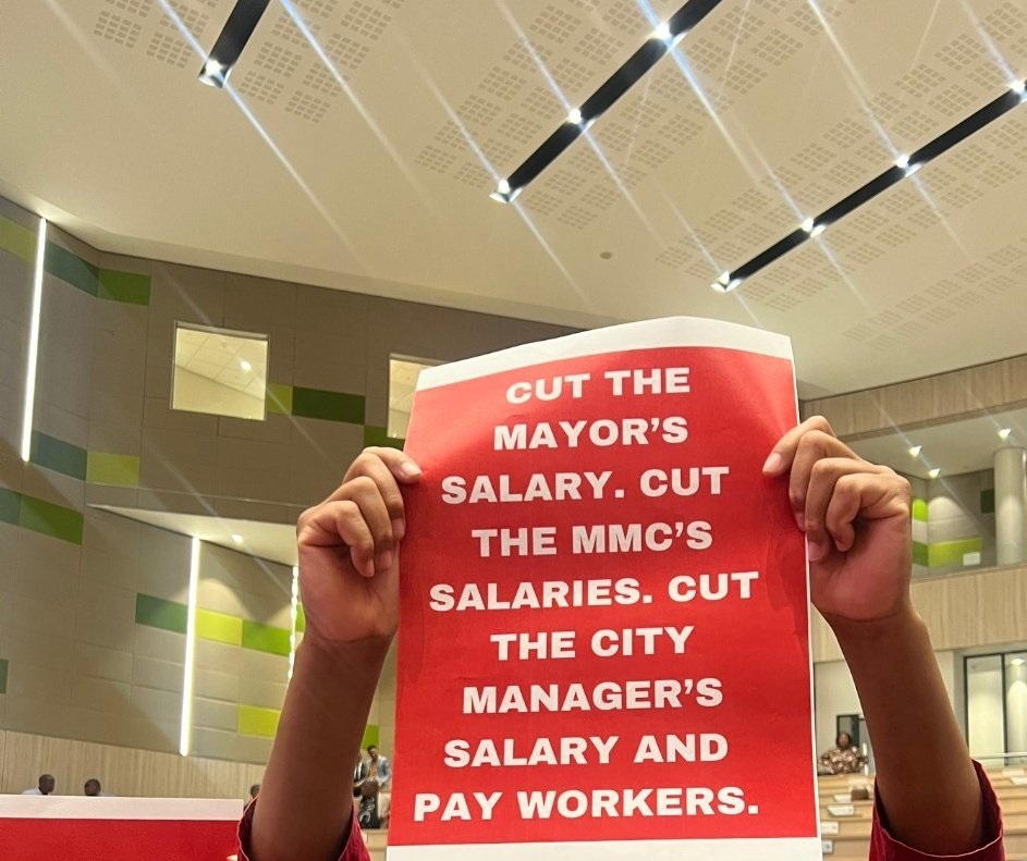 EFF demands that the salary of Tshwane Mayor Cilliers Brink be cut, according to this poster. 