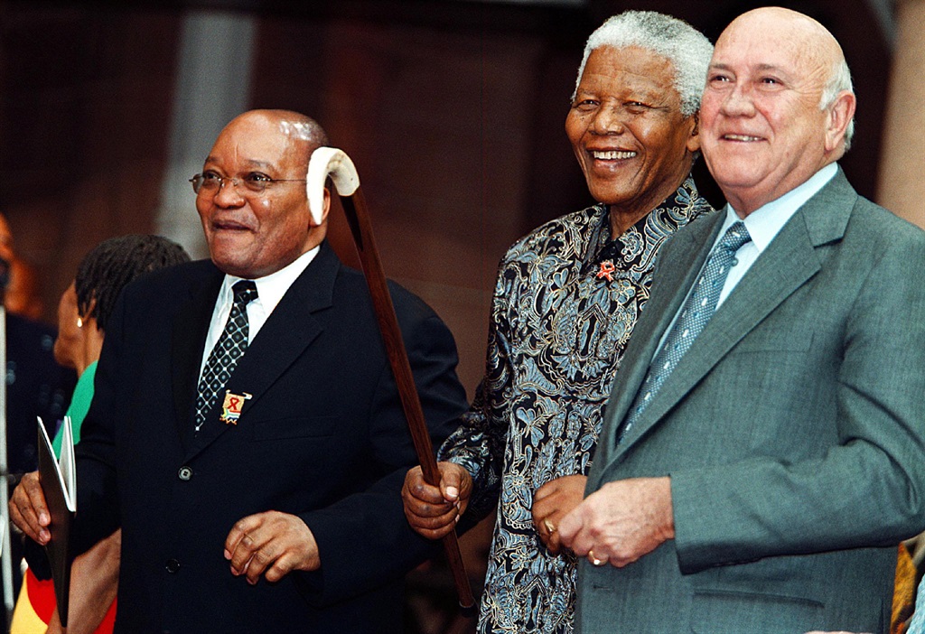10 December 2002. Jacob Zuma pictured with Nelson Mandela and FW de Klerk at a presentation of National awards at the Union Buildings.