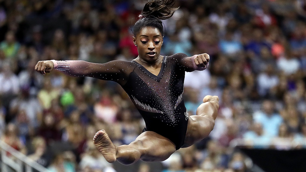 Simone Biles competes on floor exercise during the women's senior competition of the 2019 U.S. Gymnastics Championships