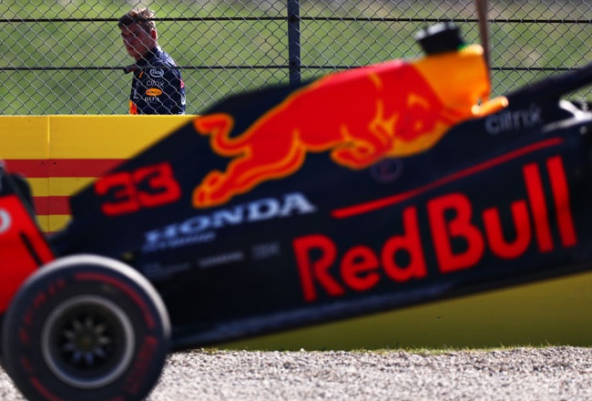 Max Verstappen looks on as his car is removed from the track after a crash during the F1 Grand Prix of Tuscany at Mugello Circuit on September 13, 2020 in Scarperia, Italy. (Photo by Dan Istitene - Formula 1/Formula 1 via Getty Images)