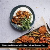 Gluten-free flatbread with pulled pork and cold roasted veg