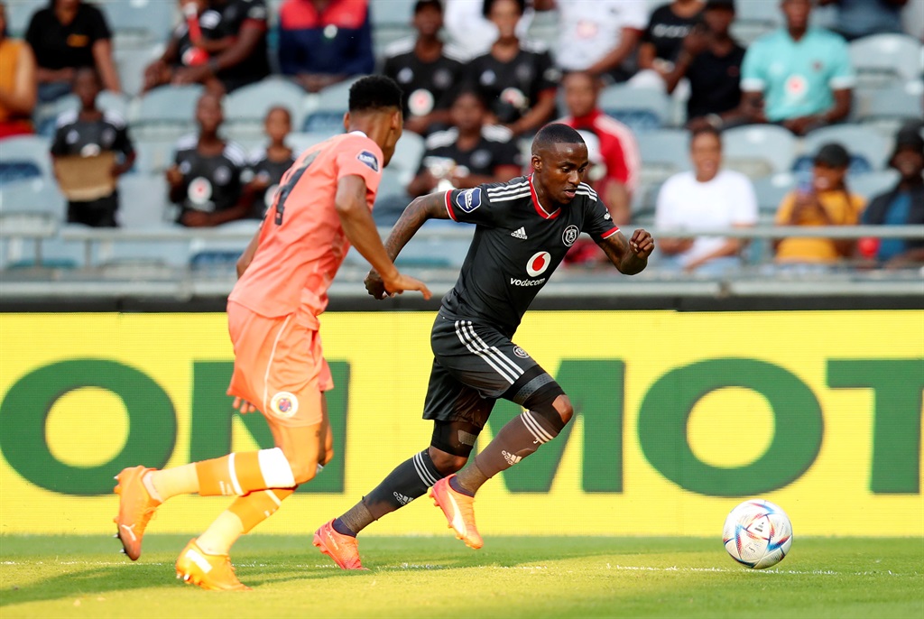 Thembinkosi Lorch of Orlando Pirates challenged by Kegan Johannes of SuperSport United during the DStv Premiership 2022/23 match between Orlando Pirates and SuperSport United at the Orlando Stadium, Soweto on 18 March 2023 