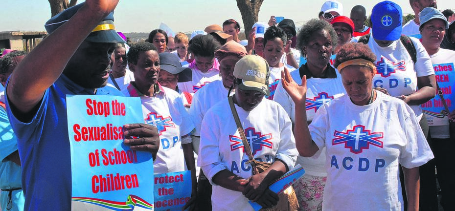ACDP members including president Kenneth Meshoe (left) march to the basic education offices in Tshwane to protest against sexualisation of pupils. Photo by Morapedi Mashashe