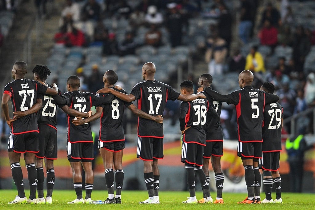 JOHANNESBURG, SOUTH AFRICA - SEPTEMBER 29: Orlando Pirates players during the CAF Champions League, 2nd preliminary round - leg 2 match between Orlando Pirates and Jwaneng Galaxy at Orlando Stadium on September 29, 2023 in Johannesburg, South Africa. (Photo by Lefty Shivambu/Gallo Images)
