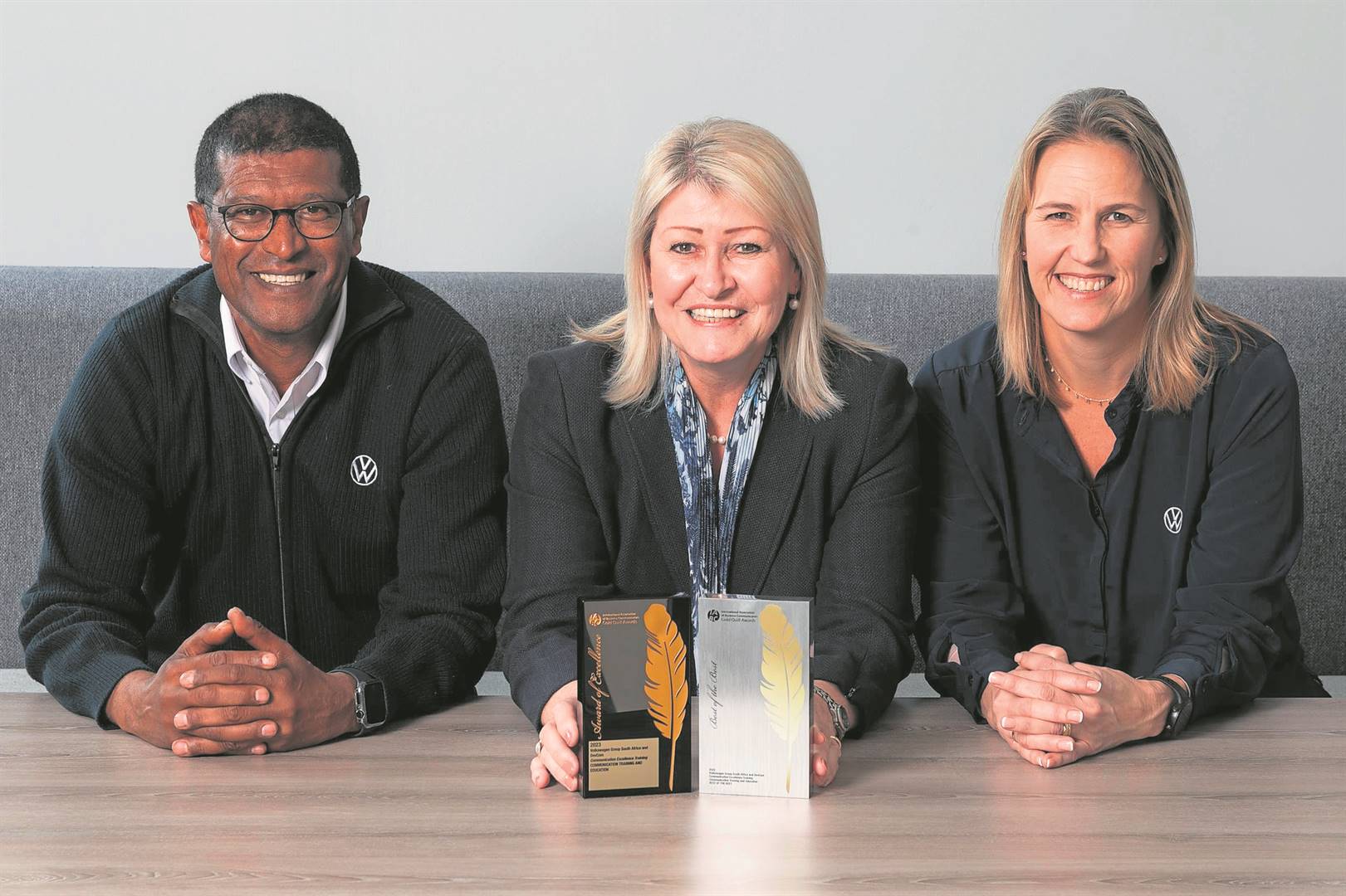 A proud moment for the Volkswagen team. From the left are Ashwin Harri, Production Division Head, Margaret Loughead, Internal Communication Specialist and Liza Wilmot, Production Academy Manager. 
