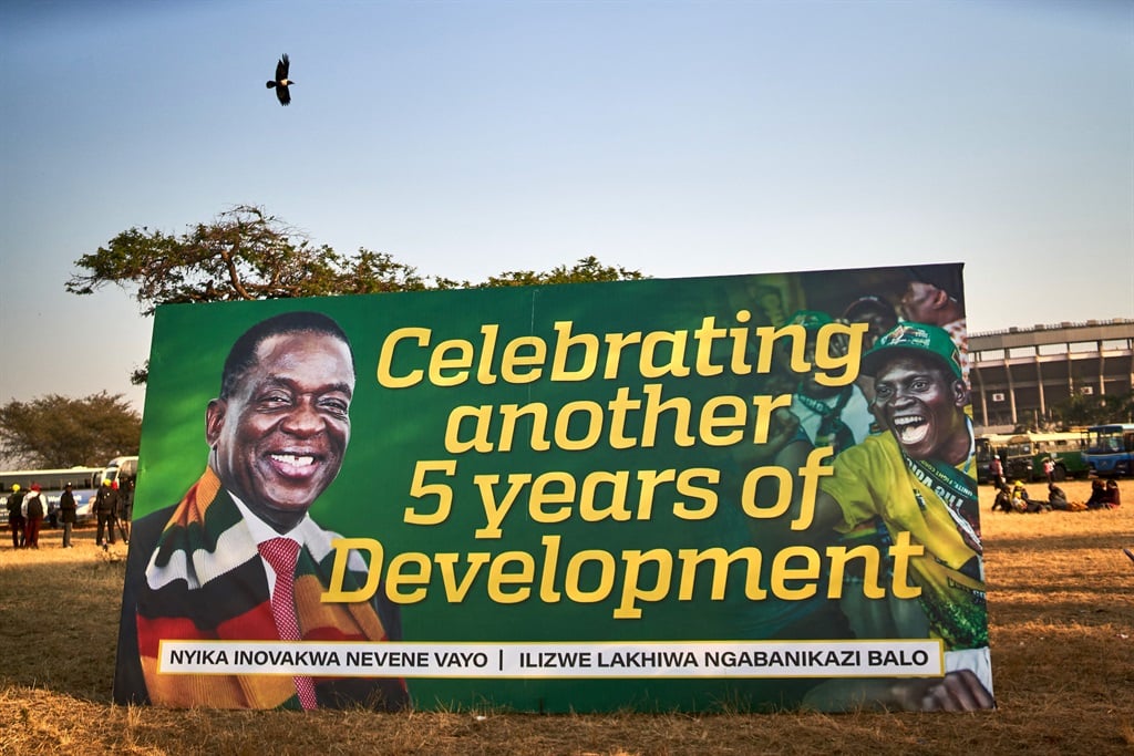 A banner featuring Zimbabwean President Emmerson Mnangagwa ahead of his inauguration in Harare on 4 September.