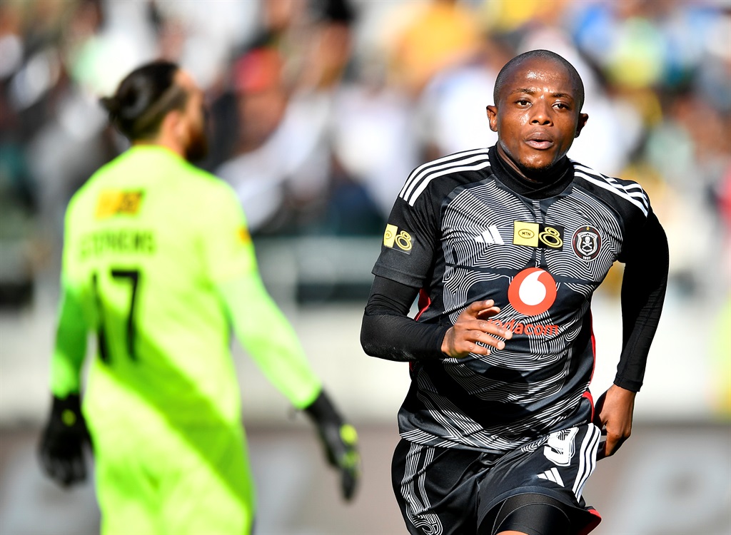 Zakhele Lepasa of Orlando Pirates celebrate after scoring a goal during the MTN8 semi final, 1st leg match between Stellenbosch FC and Orlando Pirates at Athlone Stadium on September 03, 2023 in Cape Town, South Africa. 
