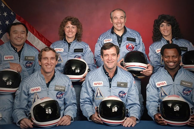 The Challenger 7 flight crew: Ellison S. Onizuka; Mike Smith; Christa McAuliffe; Dick Scobee; Gregory Jarvis; Judith Resnik; and Ronald McNair. (Photo: Public Domain/NASA)