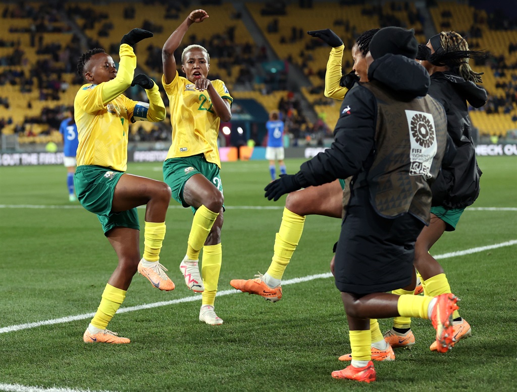 Thembi Kgatlana of South Africa celebrates with teammates after scoring her teams third goal during the FIFA Womens World Cup Australia & New Zealand 2023 Group G match between South Africa and Italy at Wellington Regional Stadium on August 02, 2023 in Wellington, New Zealand. 