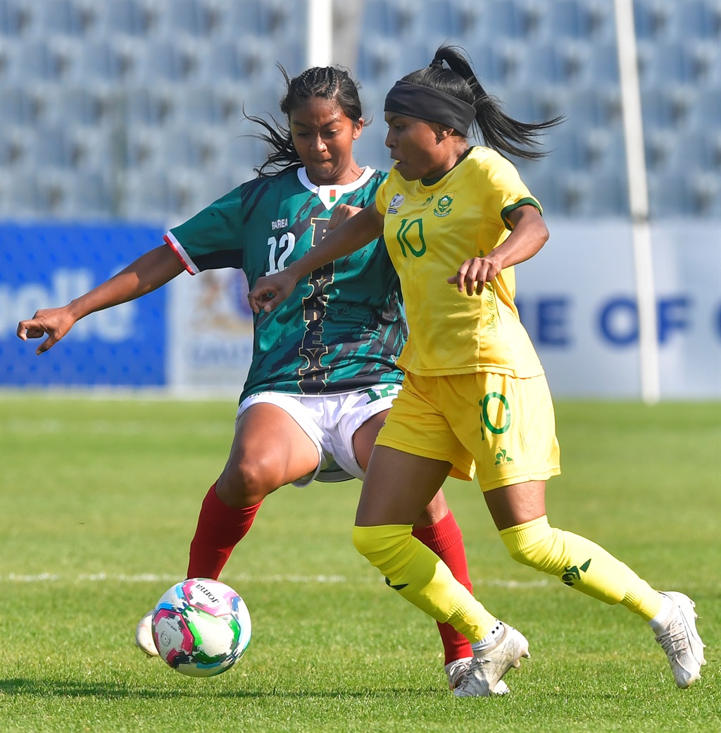 JOHANNESBURG, SOUTH AFRICA - OCTOBER 07:  Nicole Michael of South Africa and Helisoa Kanto of Madagascar during the 2023 Hollywoodbets COSAFA Womens Championship match between South Africa and Madagascar at Dobsonville Stadium on October 07, 2023 in Johannesburg, South Africa. (Photo by Sydney Seshibedi/Gallo Images)