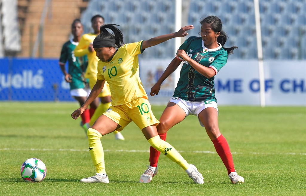 JOHANNESBURG, SOUTH AFRICA - OCTOBER 07:  Nicole Michael of South Africa and Helisoa Kanto of Madagascar during the 2023 Hollywoodbets COSAFA Womens Championship match between South Africa and Madagascar at Dobsonville Stadium on October 07, 2023 in Johannesburg, South Africa. (Photo by Sydney Seshibedi/Gallo Images)