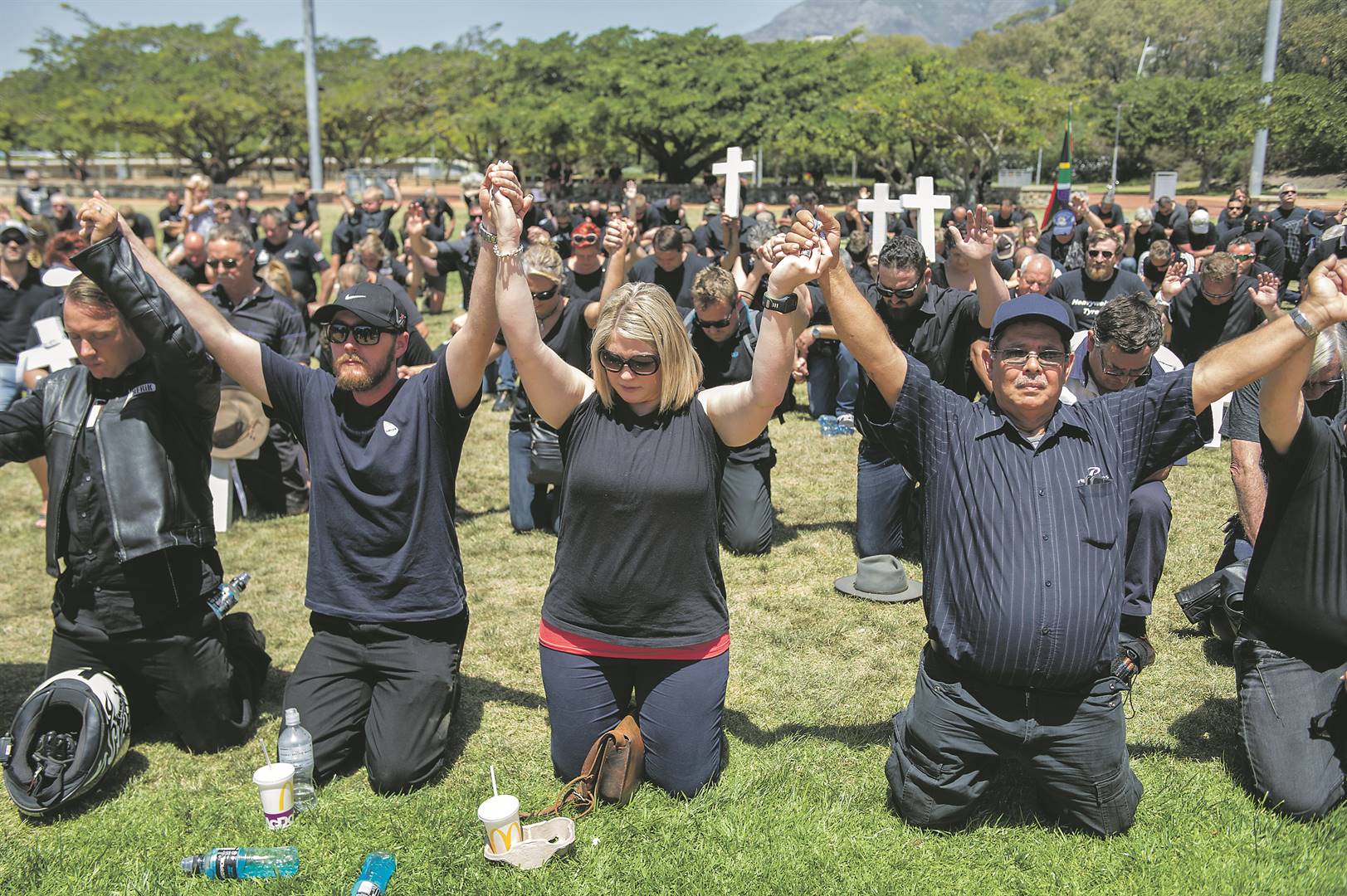 In 2017 in Cape Town, hundreds of farmers and community members gathered to protest against farm murders. Some displayed the apartheid-era SA flag, which has now been banned. Picture: Gallo Images / Netwerk24 / Jaco Marais