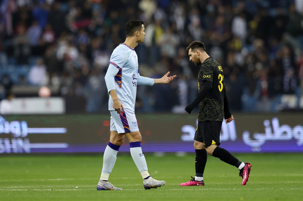 Cristiano Ronaldo and Lionel Messi during their last meeting in January when Messi, then playing for PSG, beat Ronaldo’s Riyadh Season XI 5-4 in a friendly at King Fahd International Stadium in Saudi Arabia. 