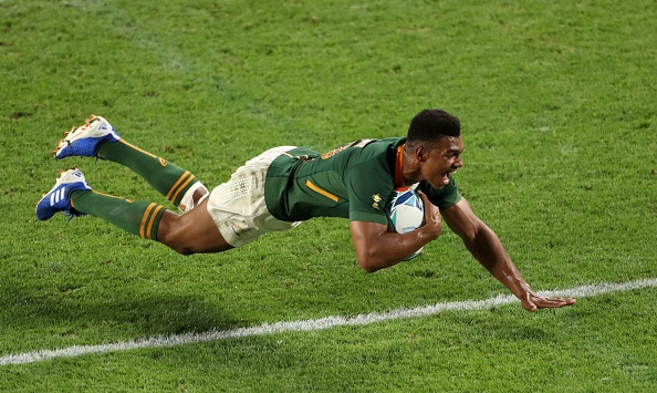 Damian Willemse of South Africa scores his teams ninth try during the Rugby World Cup 2019 Group B game between South Africa and Canada at Kobe Misaki Stadium on October 08, 2019 in Kobe, Hyogo, Japan. (Photo by Mike Hewitt/Getty Images)