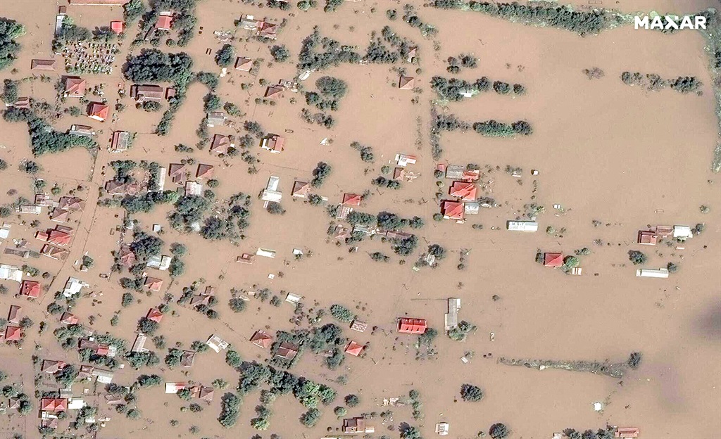 At satellite image released by Maxar Technologies on 9 September 2023, showing the flooded Greek town of Koskinas . (Photo by 3 Maxar Technologies / AFP) 