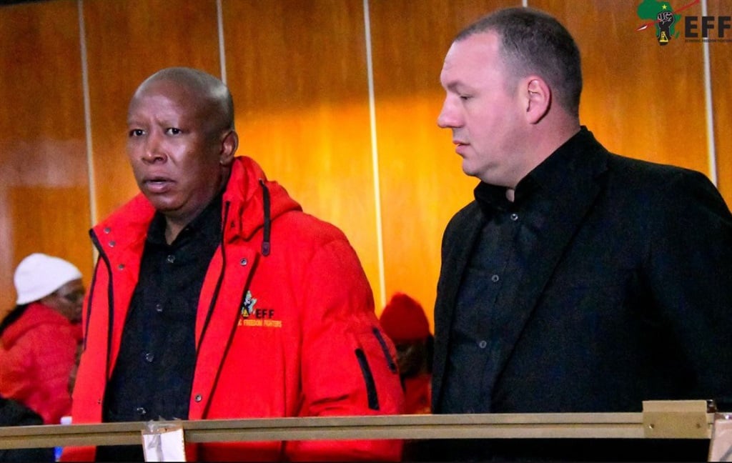 EFF leader Julius Malema and his bodyguard and co-accused Adriaan Snyman in court.