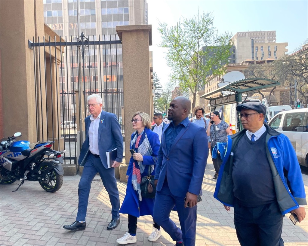 DA leaders Alan Winde, Helen Zille, Solly Msimanga and Ivan Meyer at the Gauteng High Court in Pretoria where the party wants government's inaction on reducing the impact of load shedding to be declared unlawful. 