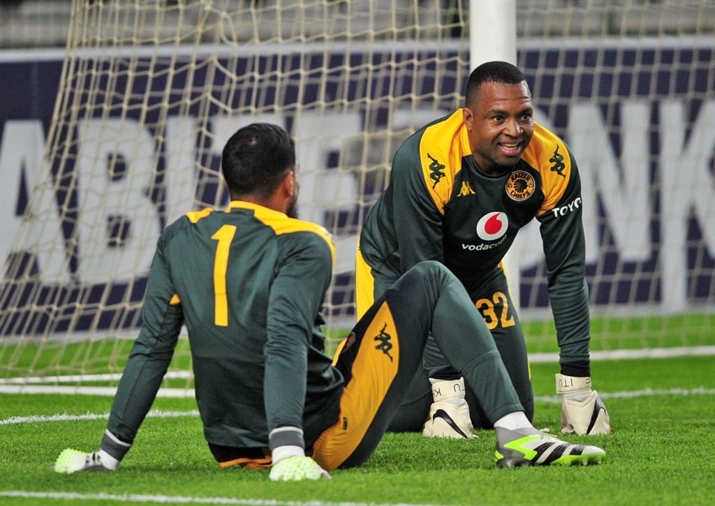 Itumeleng Khune and Brandon Petersen of Kaizer Chiefs warm up before the DStv Premiership 2023/24 game between Stellenbosch FC and Kaizer Chiefs at Athlone Stadium in Cape Town on 30 August 2023 