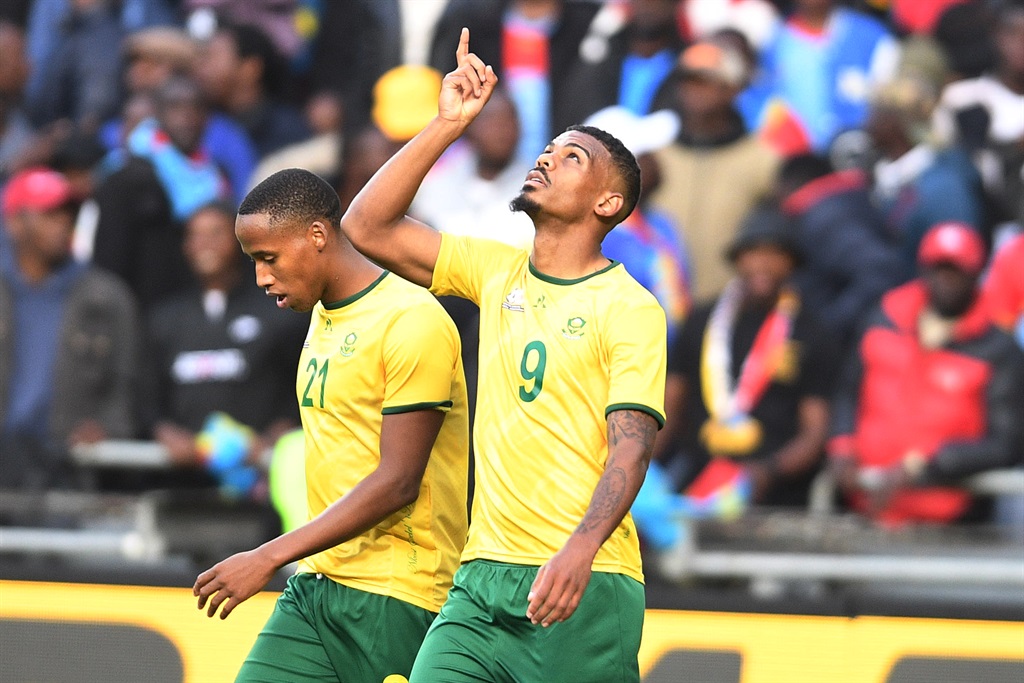 Lyle Foster of South Africa celebrates his goal with team mates during the international friendly match between South Africa and DR Congo at Orlando Stadium on September 12, 2023 in Johannesburg, South Africa. 
