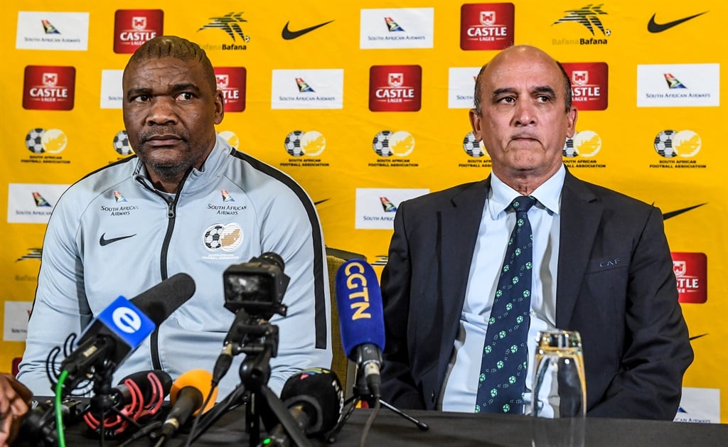 Molefi Ntseki, coach of Bafana Bafana, and Russel Paul, acting CEO of SAFA. Picture: Sydney Seshibedi/Gallo Images/File