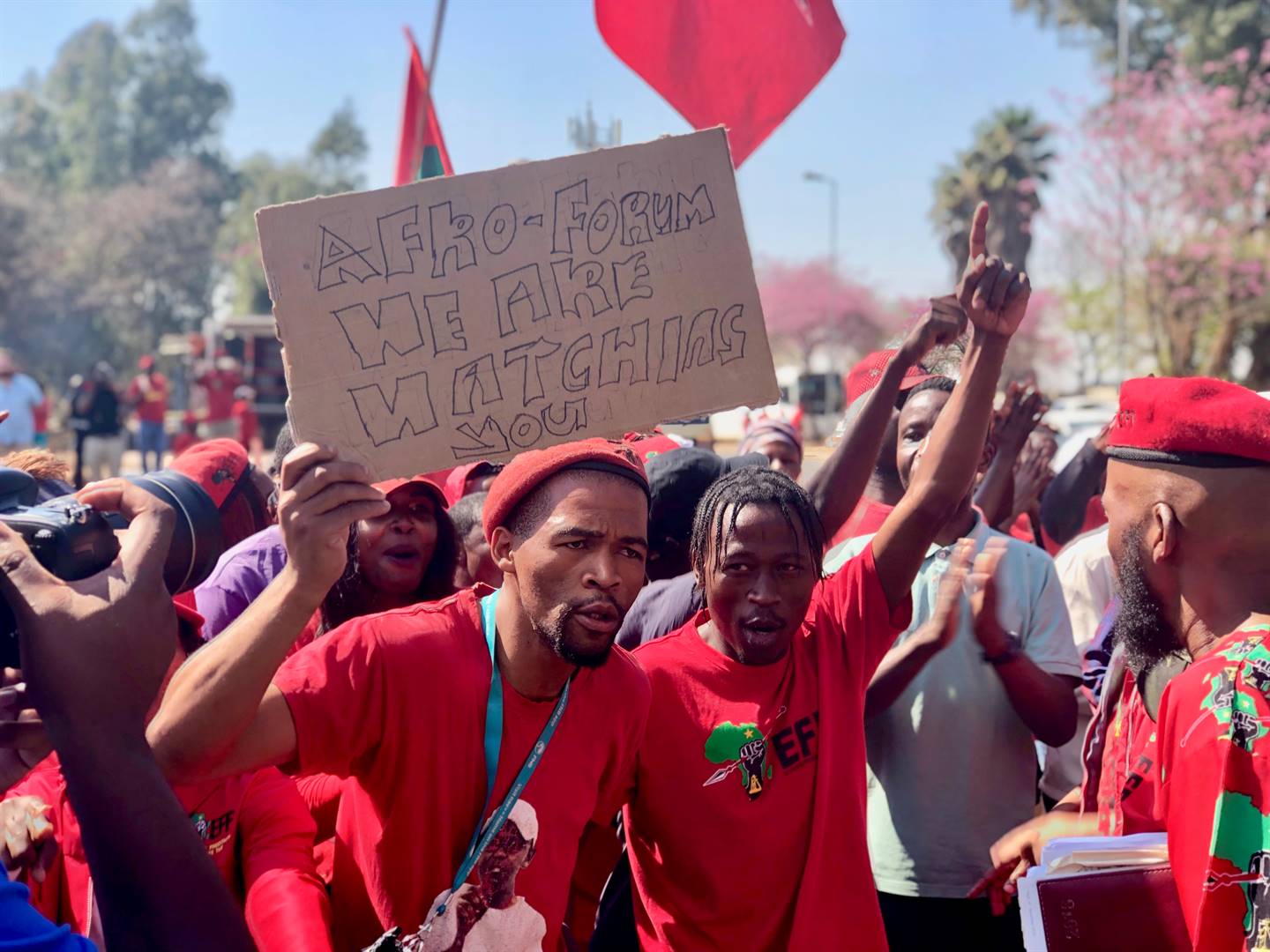 EFF supporters gather in their numbers outside the Hawks’ Pretoria Head Office in support of their leader Julius Malema as he was called to give a warning statement on Tuesday 10 Septermber. Picture: Juniour Khumalo