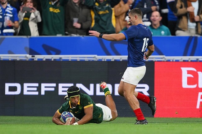 On top of the world | Kurt-Lee Arendse scored the Springboks' first try against France on Sunday night.