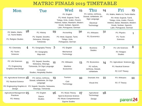 Matric 2019 exam timetable
