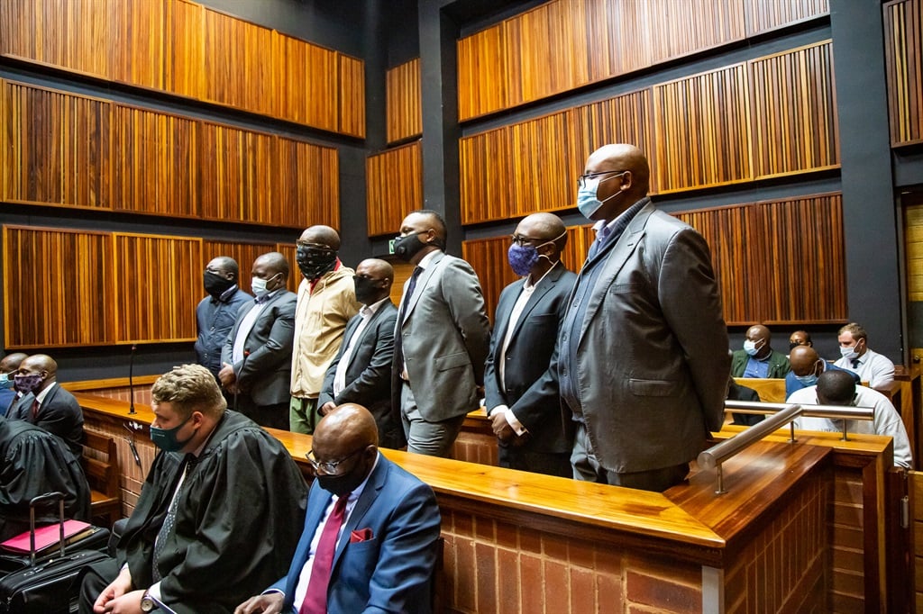Seven of the 15 VBS Mutual Bank suspects appear in Palm Ridge Magistrate?s Court on January 26, 2021 in Palm Ridge, South Africa.