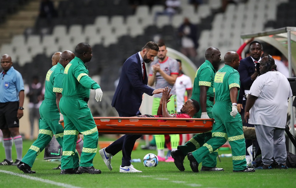 Bernard Parker of TS Galaxy leaving the field injured during the 2023 Carling Knockout Cup Last 16 match between TS Galaxy and Mamelodi Sundowns at Mbombela Stadium in Nelspruit on 18 October 2023 