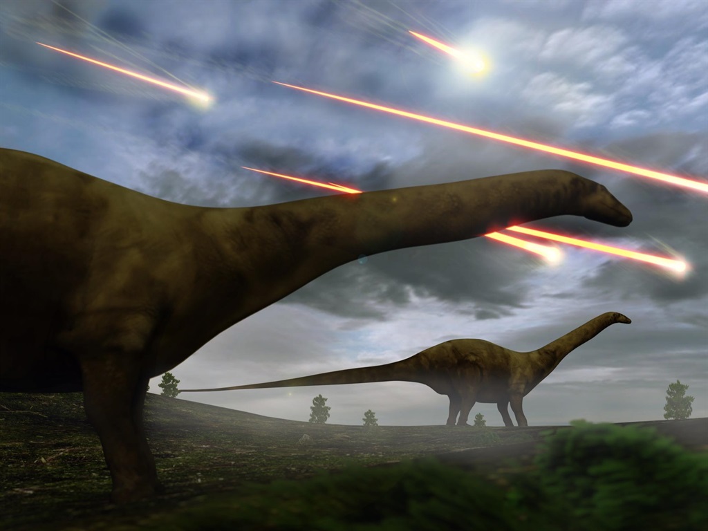 An illustration of asteroids striking Earth during the age of dinosaurs.
