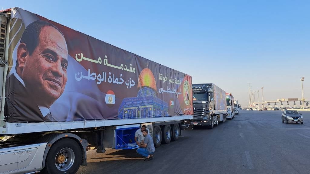 A convoy of trucks carrying aid supplies for Gaza 