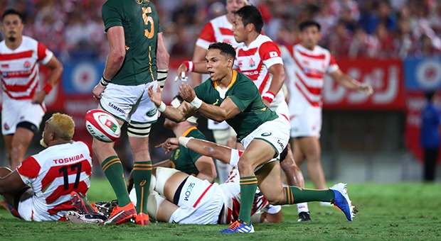 Herschel Jantjies in action against Japan in a Rugby World Cup warm-up match 