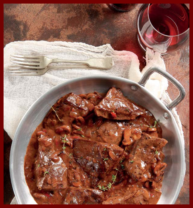 Ox liver pan paired with a glass of Merlot
