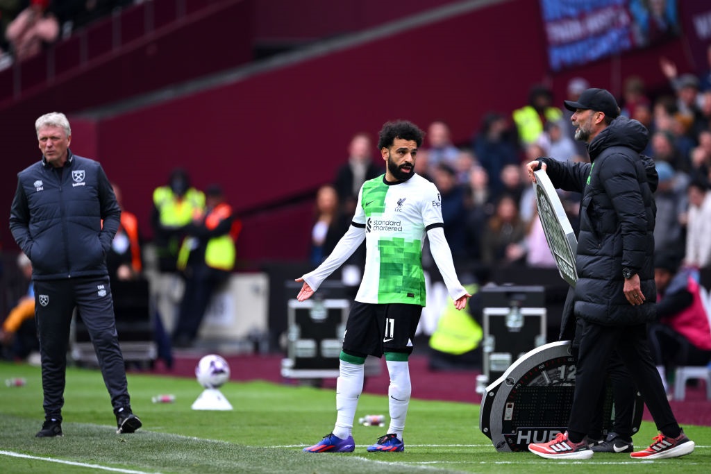 LONDON, ENGLAND - APRIL 27: Mohamed Salah of Liverpool reacts during the Premier League match between West Ham United and Liverpool FC at London Stadium on April 27, 2024 in London, England. (Photo by Justin Setterfield/Getty Images)