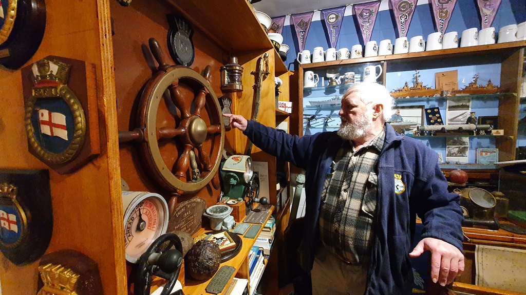 Arne Söderlund shows off one of his collections from a decommissioned ship. 